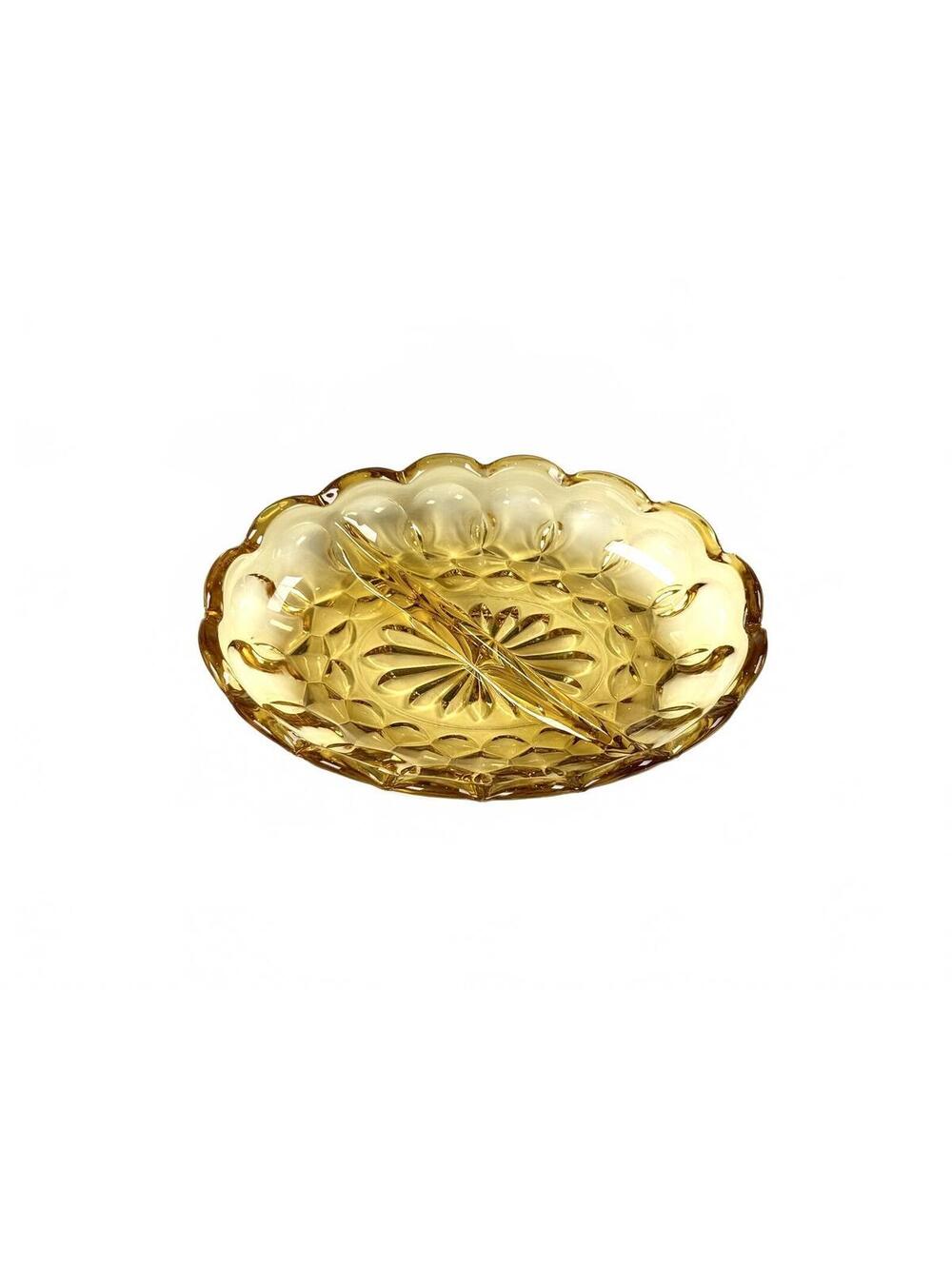 Vintage Anchor Hocking Amber Pressed Glass 2-Section Relish Dish Scallop Rim